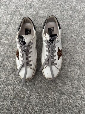 Golden Goose White Leather Sneakers with Leopard Star, 41